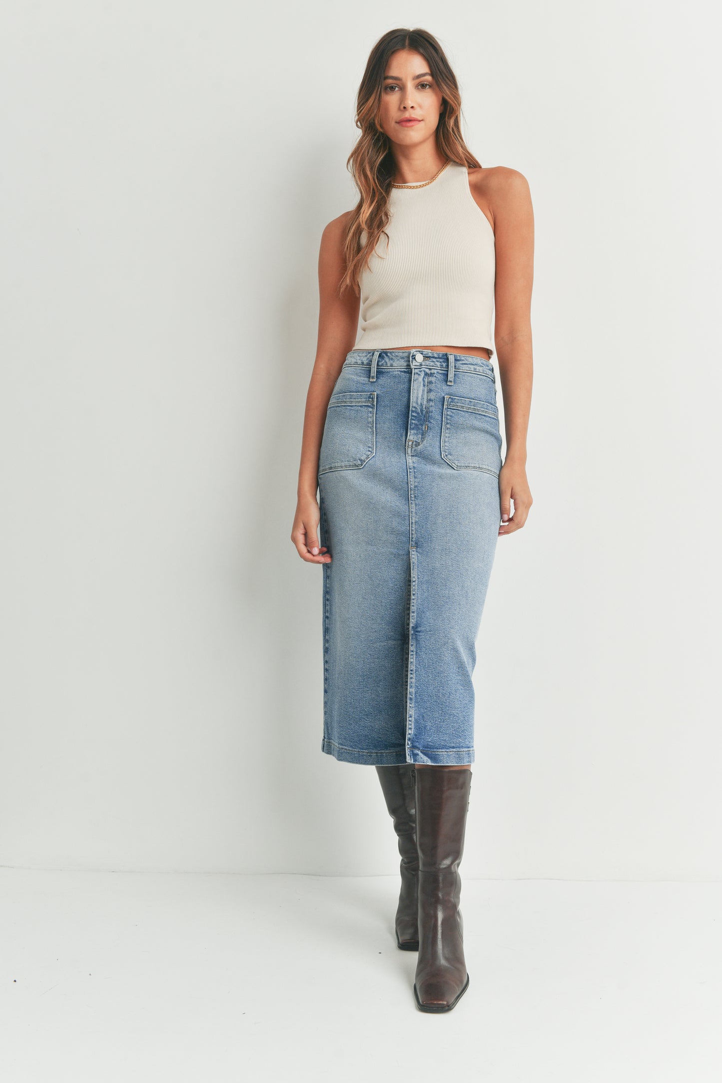 Just Black Denim I Utility Pocket Midi Skirt