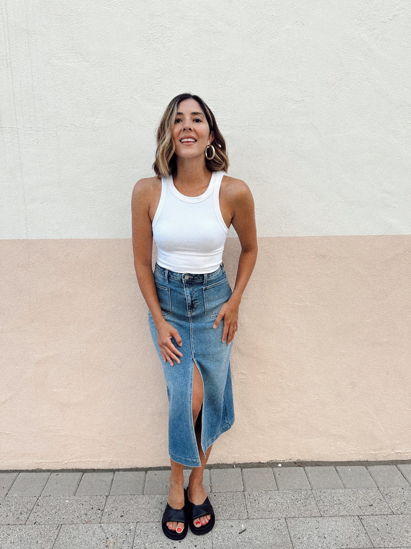 Just Black Denim I Utility Pocket Midi Skirt