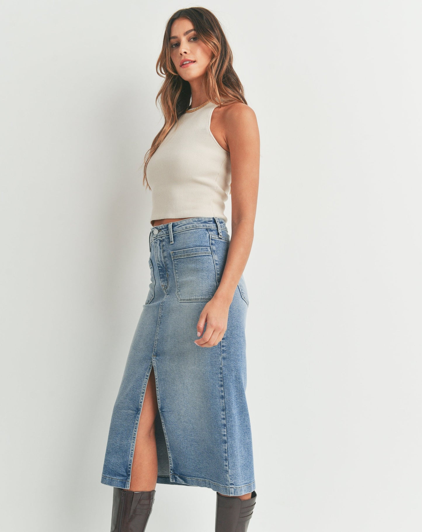 Just Black Denim I Utility Pocket Midi Skirt