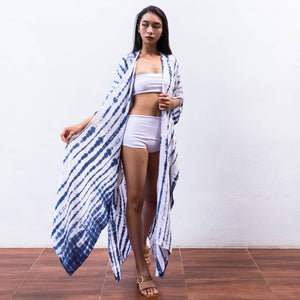 Tie Dye Kimono Cover Up (White Indigo) - Bikini Beach Robe